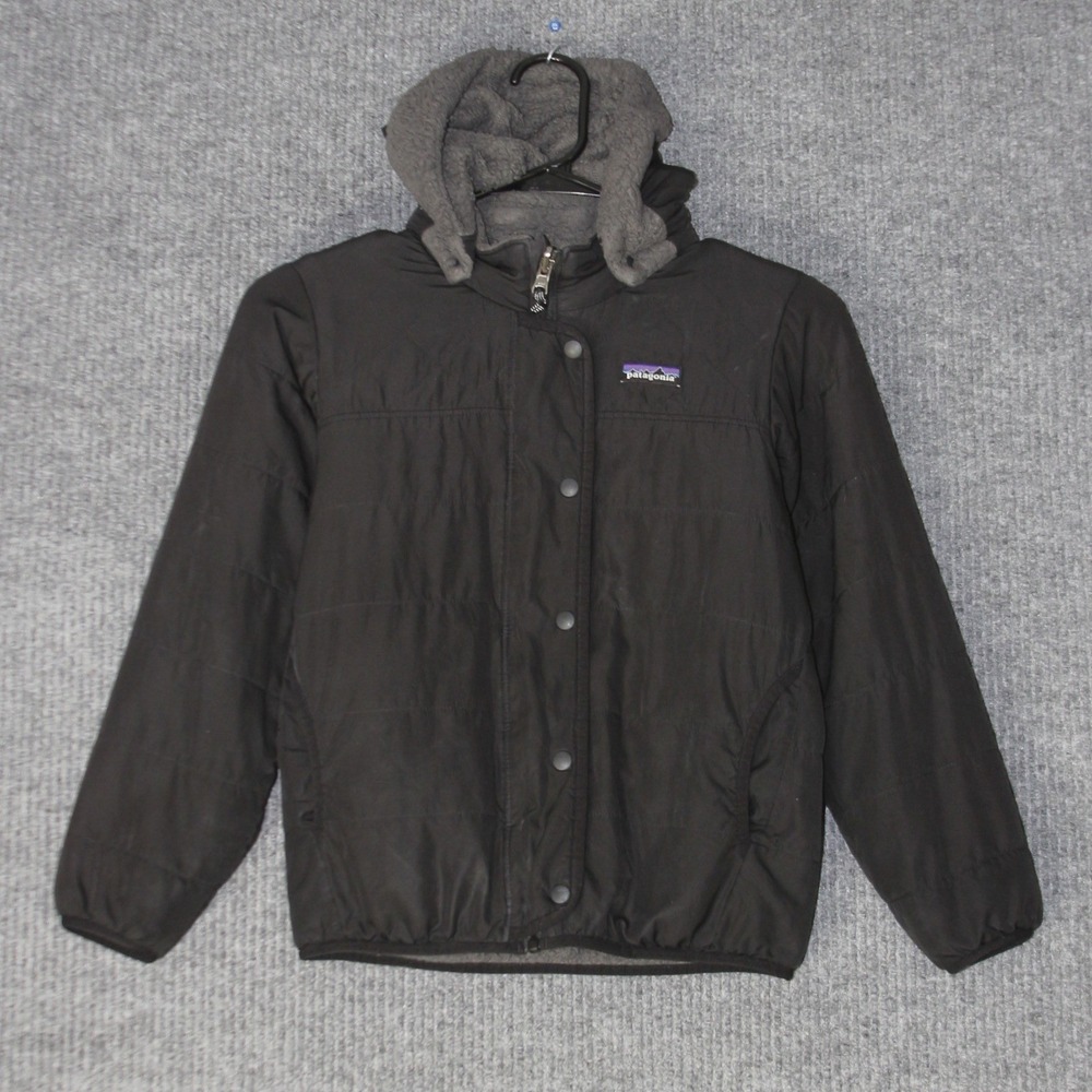 Patagonia Reversible Hooded Jacket Kids L Black Fleece Lined Insulated Puffer